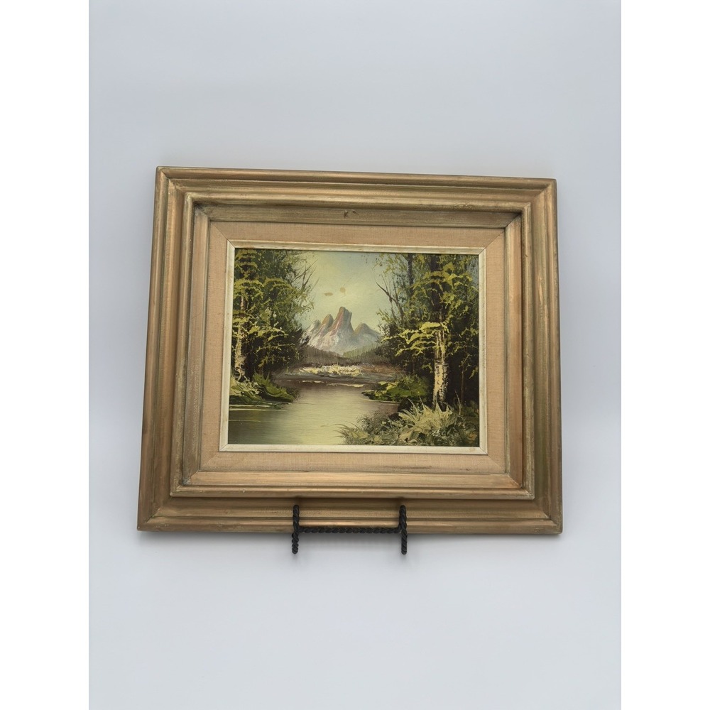 Vintage Signed Small Framed Landscape Oil Painting Scenic Trees Mountain Lake